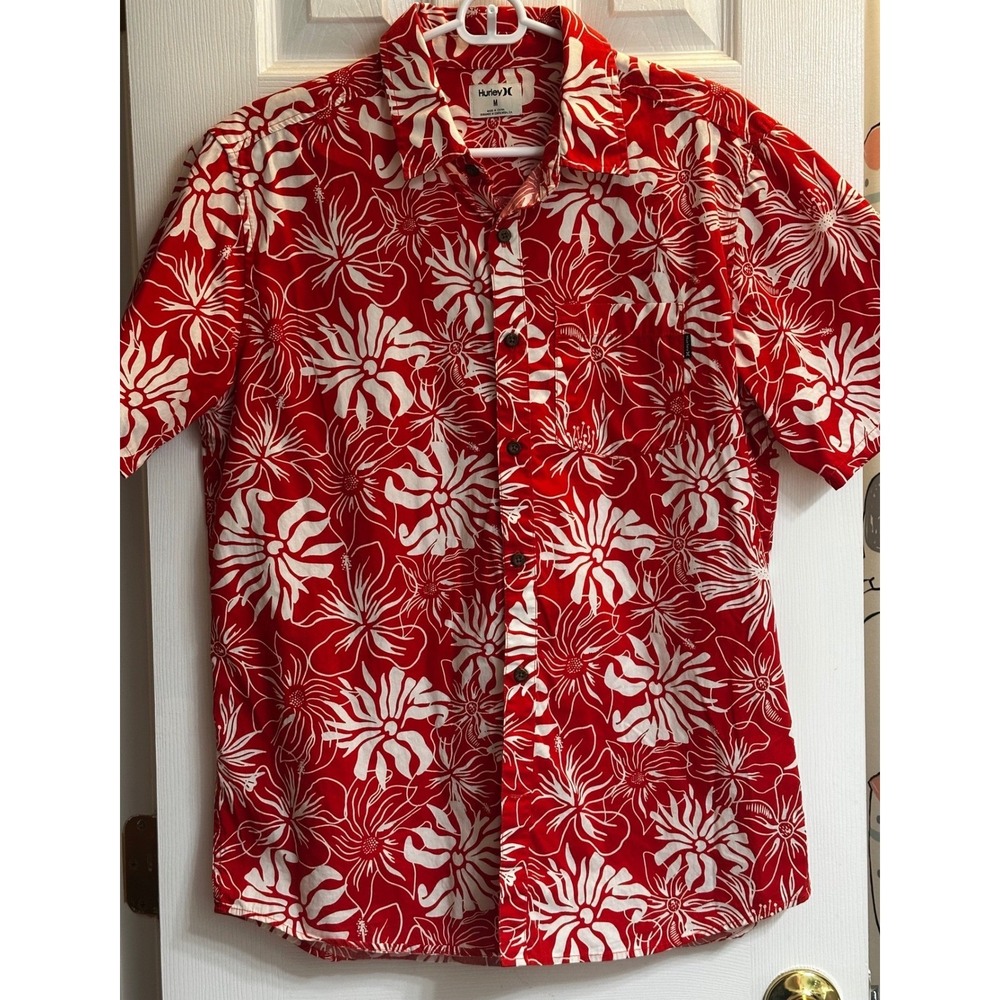 Hurley Mens Red White Floral Hibiscus Short Sleeve Button Down Shirt Size M